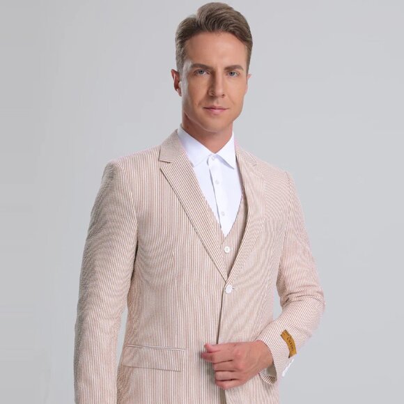 Mens Vested Summer Seersucker Suit in Tan Pinstripe